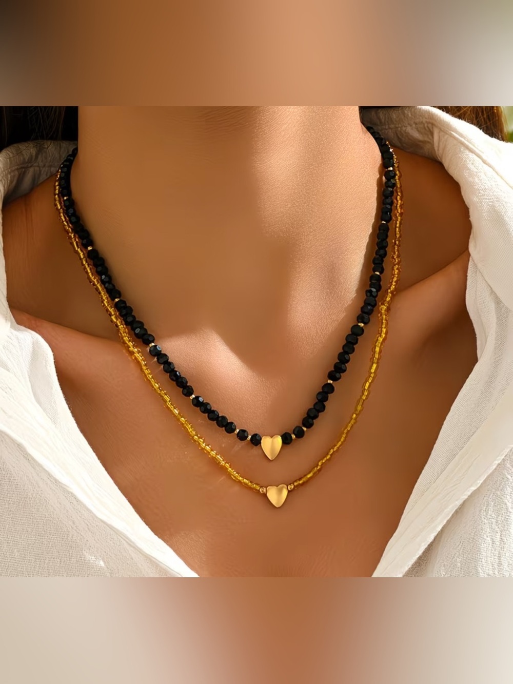 Handmade Gold and Black Beaded Heart Layered Necklace